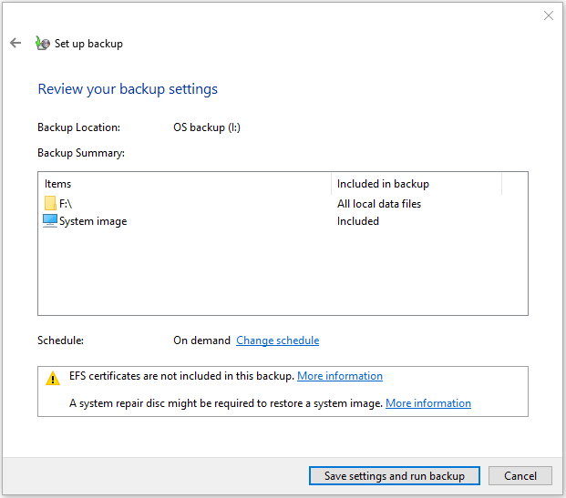 review your backup settings and run backup
